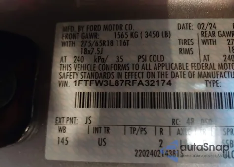 2024 Ford F-150 Xlt from USA, damaged, VIN 1FTFW3L87RFA32174